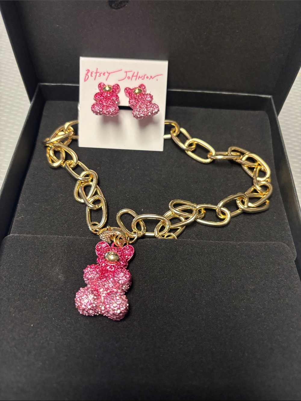 Betsey Johnson Pink Glitter Gummy Bear Necklace and Earrings Set